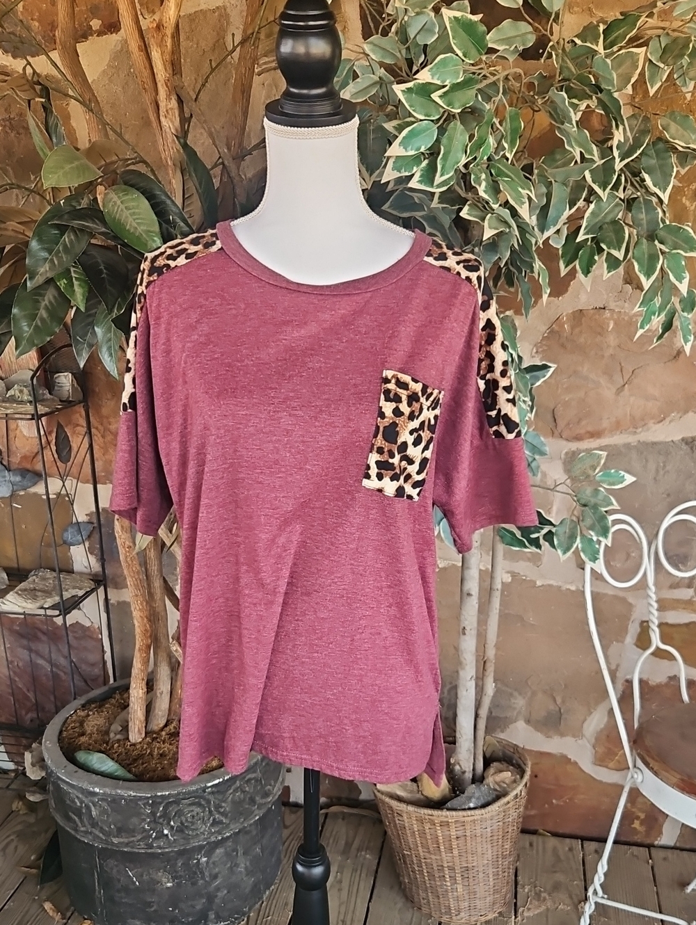Private Label Mauve Short-Sleeve Top with Leopard Accent